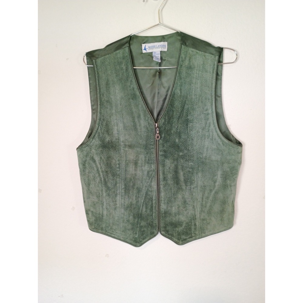 Marsh Landing Vintage Mens Sage Green Suede Leather Zip Up Vest Cinch Back XL